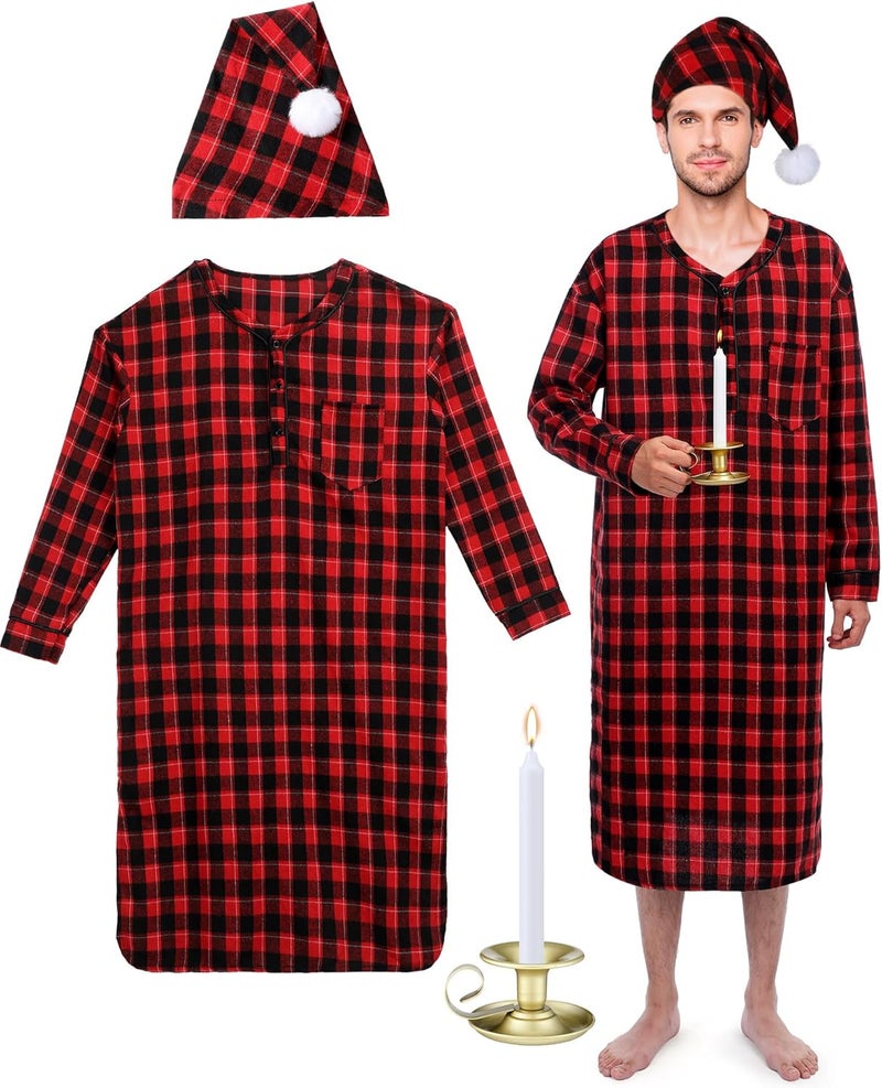 Cuffbow 4 Pcs Christmas Men's Cotton Flannel Nightshirt Set Includes Men Flannel Long Sleeve Nightgown Cap Candle and Holder - Image 1
